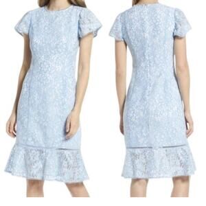 Lace Fit and Flare Dress Blue White Floral Short Sleeve Career Occasion